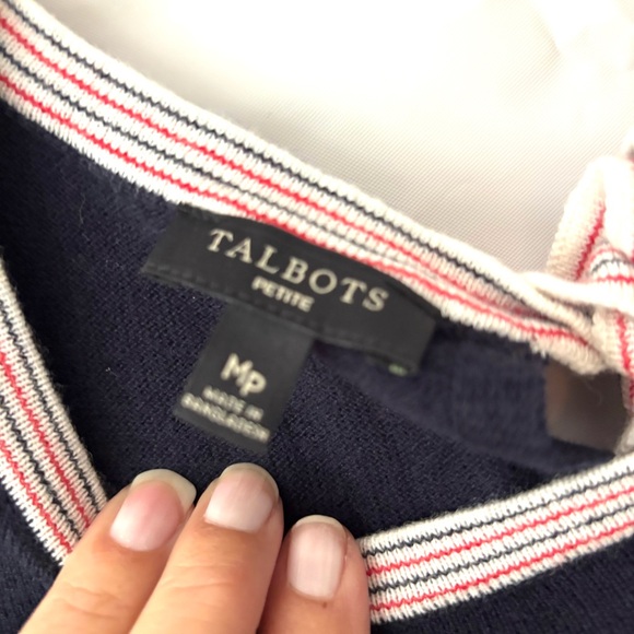 Talbots Navy Sweater Crew Red White Stripes tie back SZ M P - Picture 7 of 10
